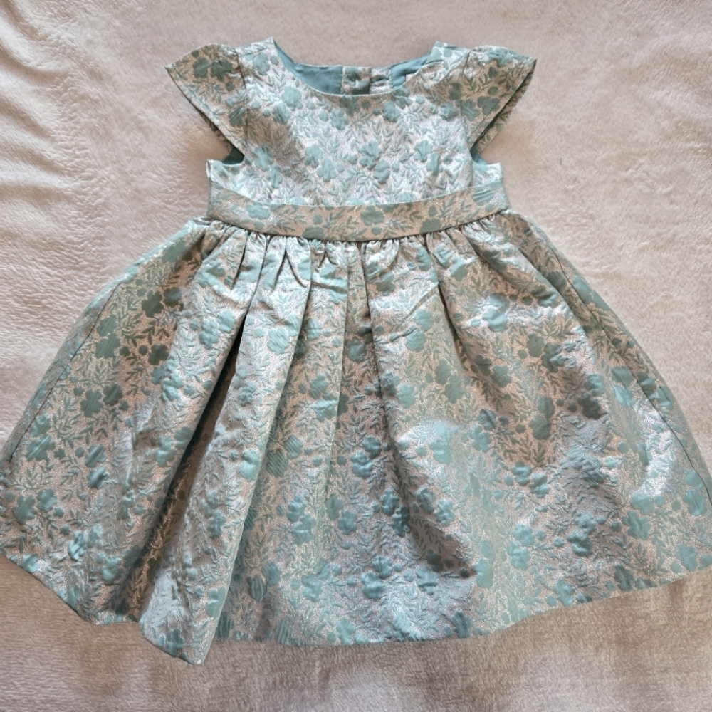 Gymboree Teal N Silver 18-24M Brocade Flowers Beautiful PARTY DRESS - Picture 5 of 12